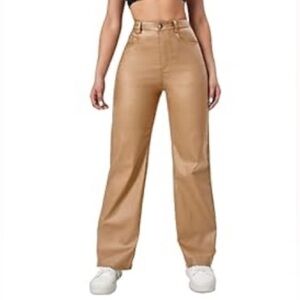 High waisted khaki color straight leg jeans faux leather
